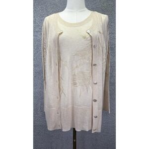 St John Womens Cardigan Sweater Set Large Beige Gold Sheer Lightweight Old Money